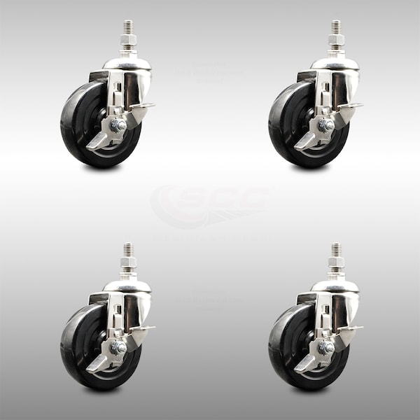 Service Caster 4 Inch 316SS Soft Rubber Wheel Swivel 1/2 Inch Threaded Stem Caster Set Brake SCC SCC-SS316TS20S414-SRS-TLB-121315-4 - main